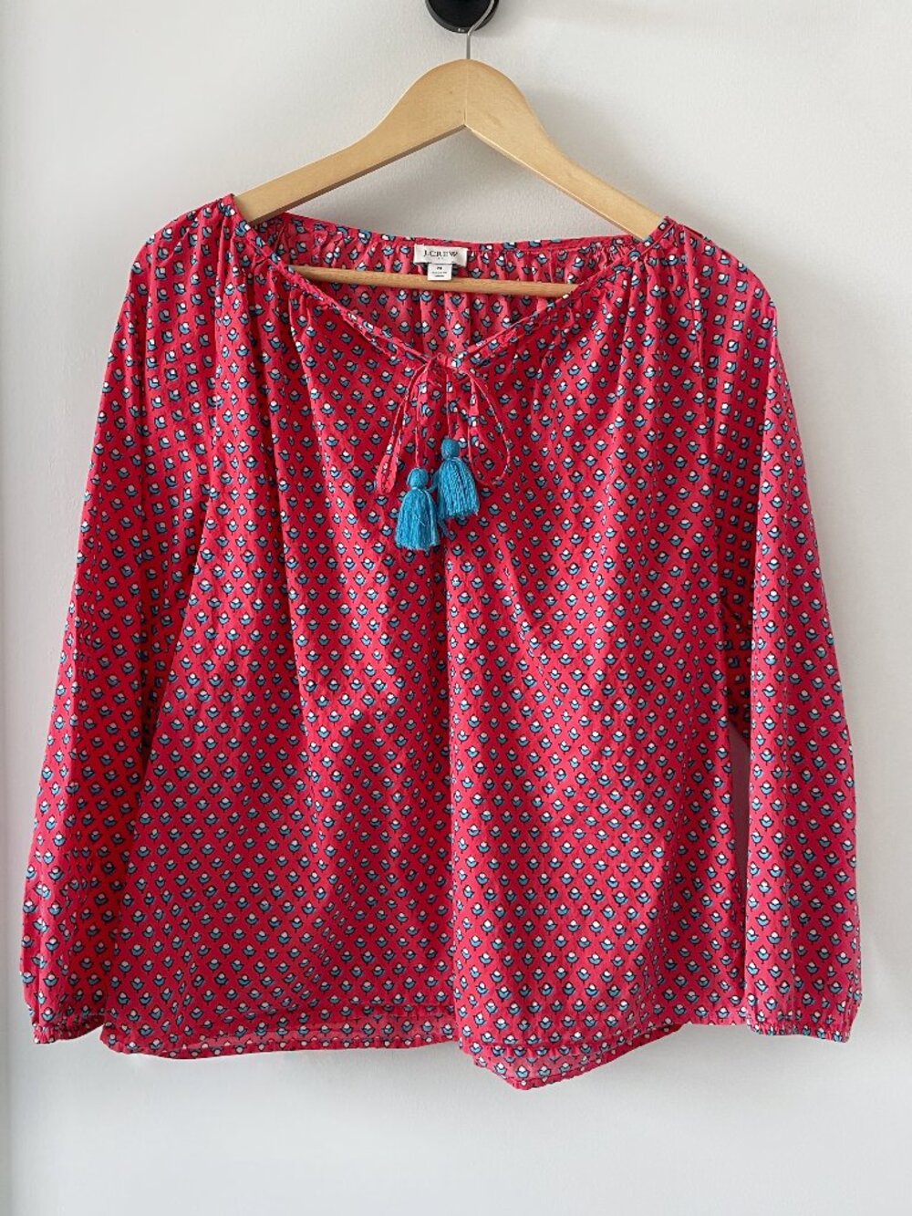J.Crew Cotton Floral Tassel Blouse Red Blue Medium Boho Peasant Top